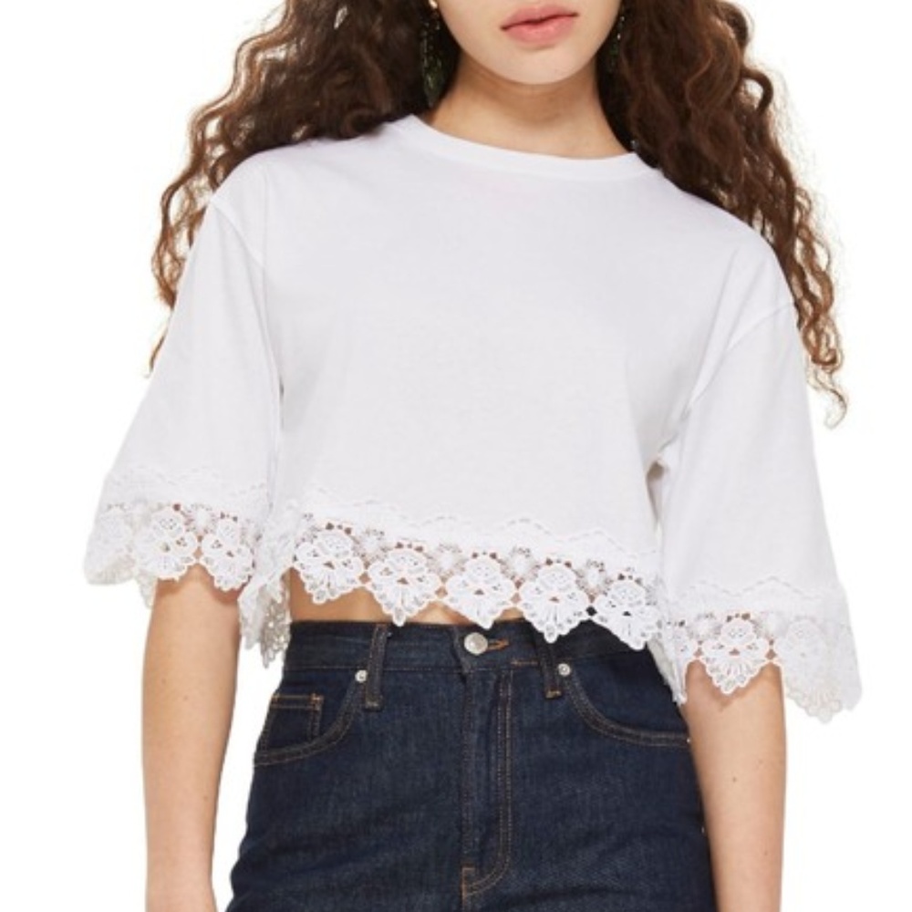 TOPSHOP White Boxy Lace Trim Top